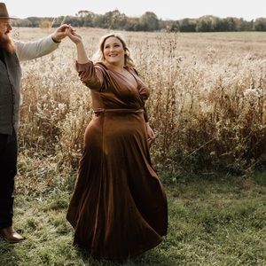 Plus Surplice Neck Lantern Sleeve Belted Velvet Dress